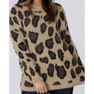 Altard State Leopard Print Crew Neck Fuzzy Cozy‎ Sweater Womens L/XL